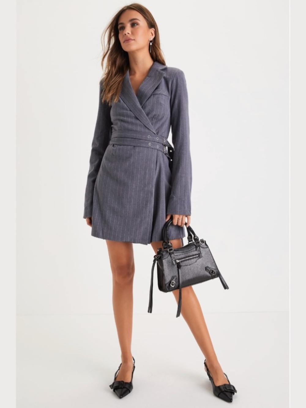 Steve Madden Odette Pinstripe Blazer Mini Dress Grey & White Stripe: XS